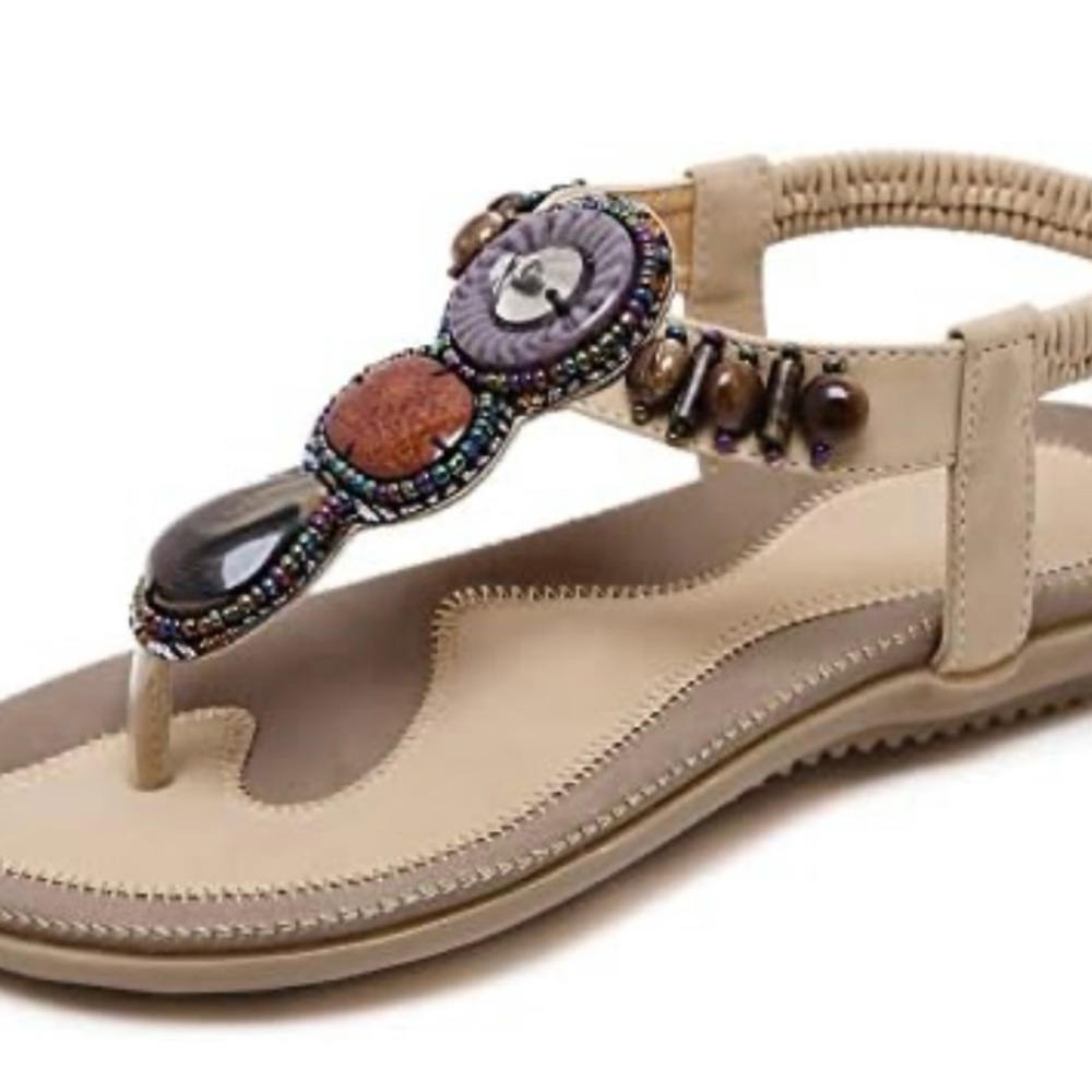 Tan thong Sandals with stone and beaded Embellishments Sz 40